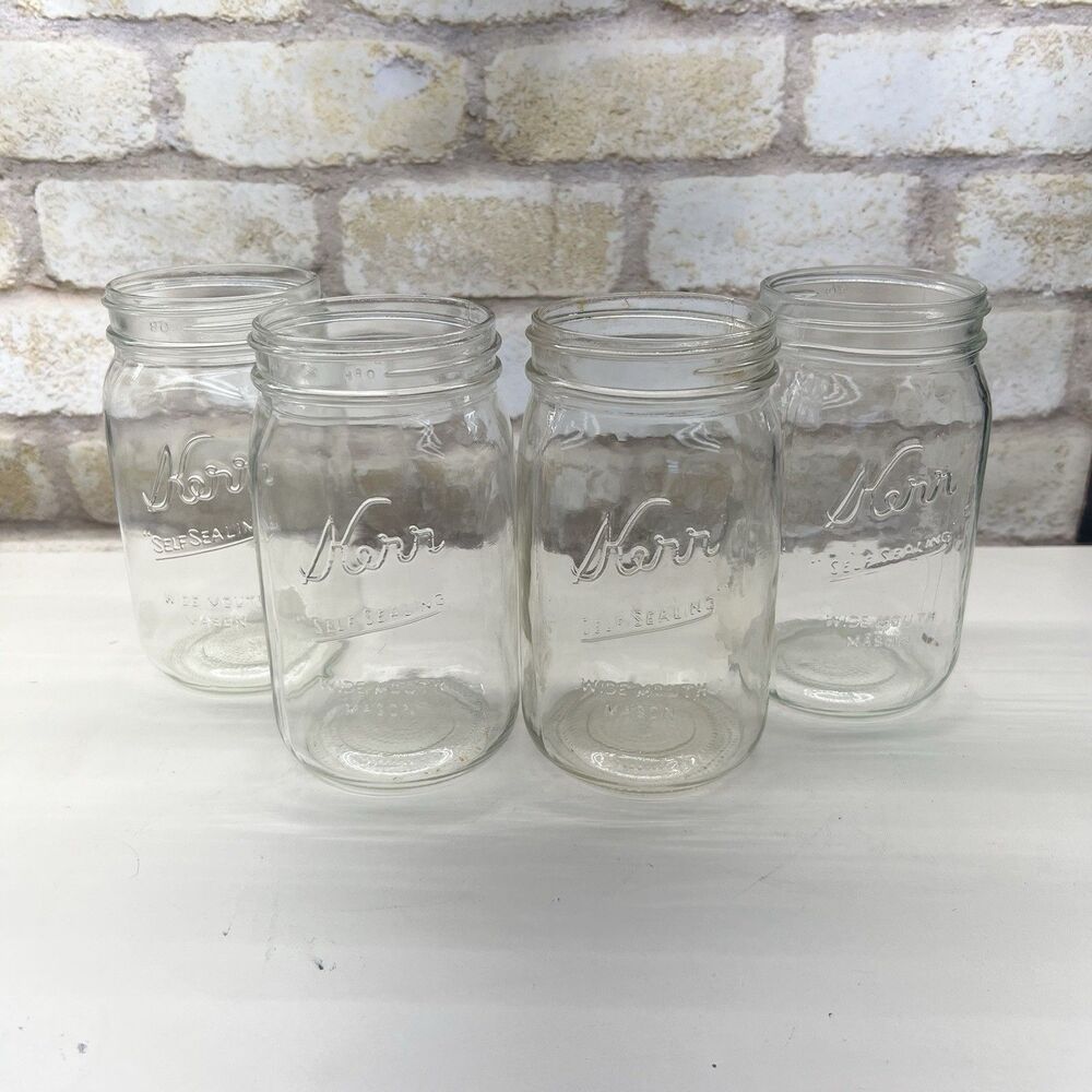 Vintage Kerr Wide Mouth Mason Quart Jars ~Set of 4 ~ Clear Self Sealing~ Canning